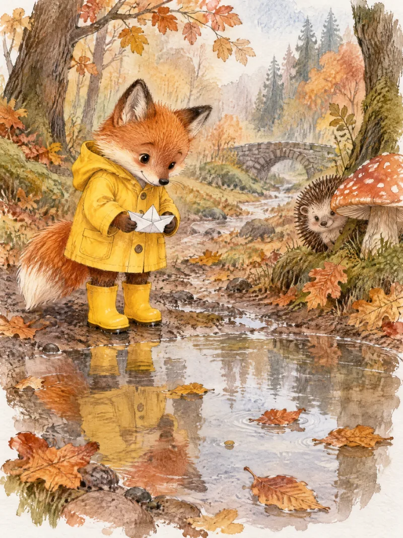 Red fox in a yellow raincoat holding a paper boat beside an autumn forest puddle. — GPT Image 2.5 Sunburst