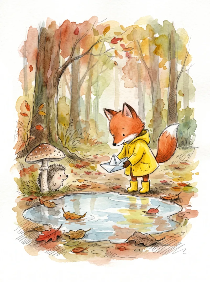 Red fox in a yellow raincoat holding a paper boat beside an autumn forest puddle. — Nano Banana 2.1