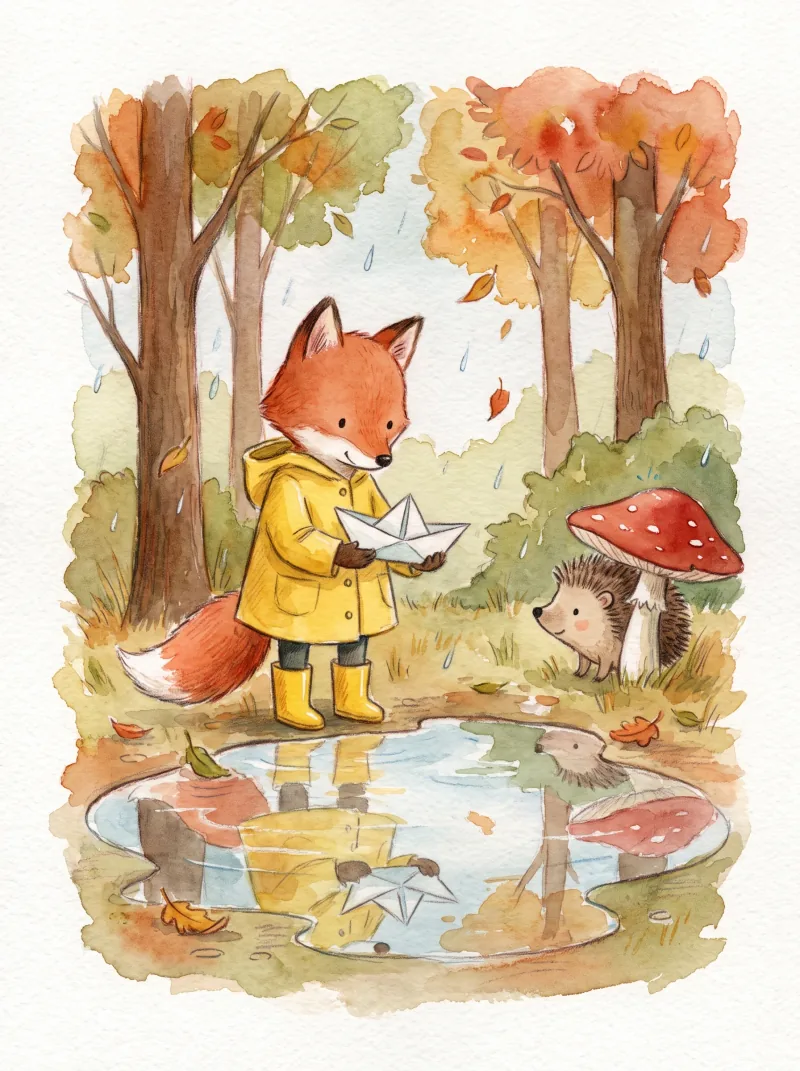 Red fox in a yellow raincoat holding a paper boat beside an autumn forest puddle. — Nano Banana Pro