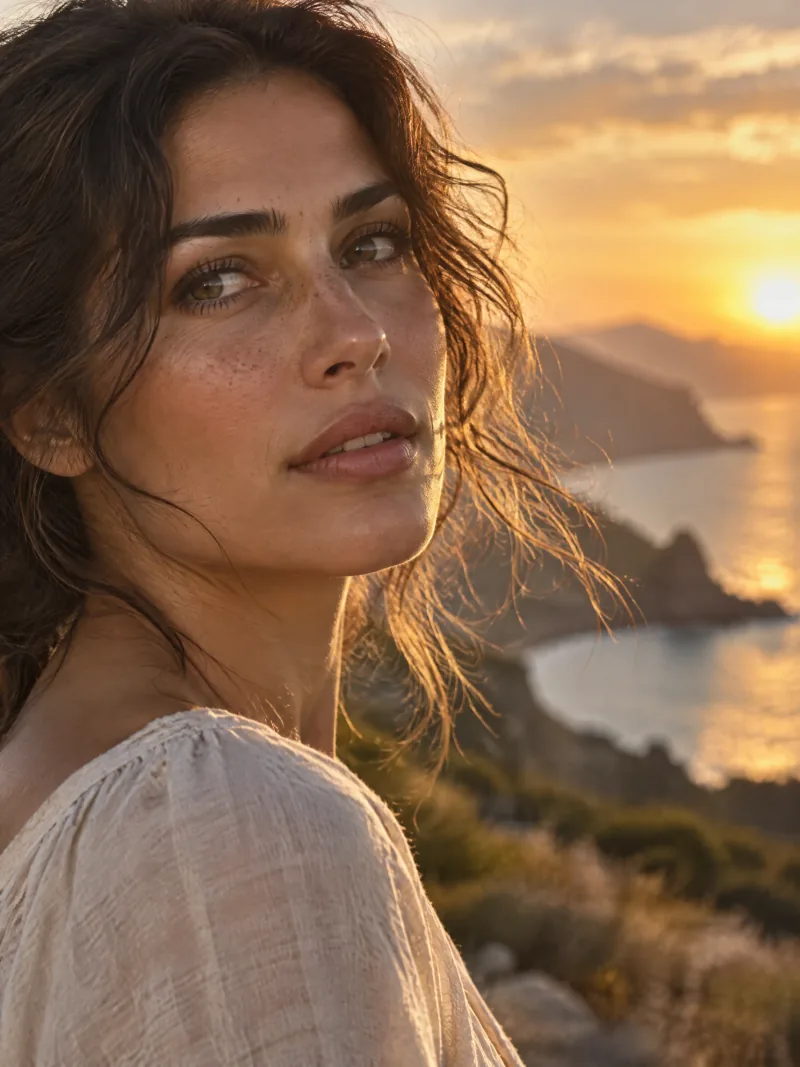 Close-up portrait of a dark-haired woman with freckles and warm sunset rim lighting. — GPT Image 2.5 Sunburst