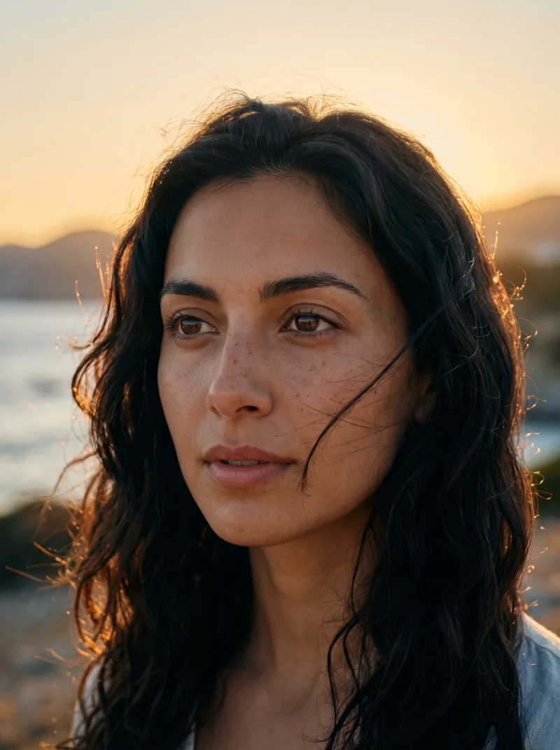Close-up portrait of a dark-haired woman with freckles and warm sunset rim lighting. — Nano Banana 2.1