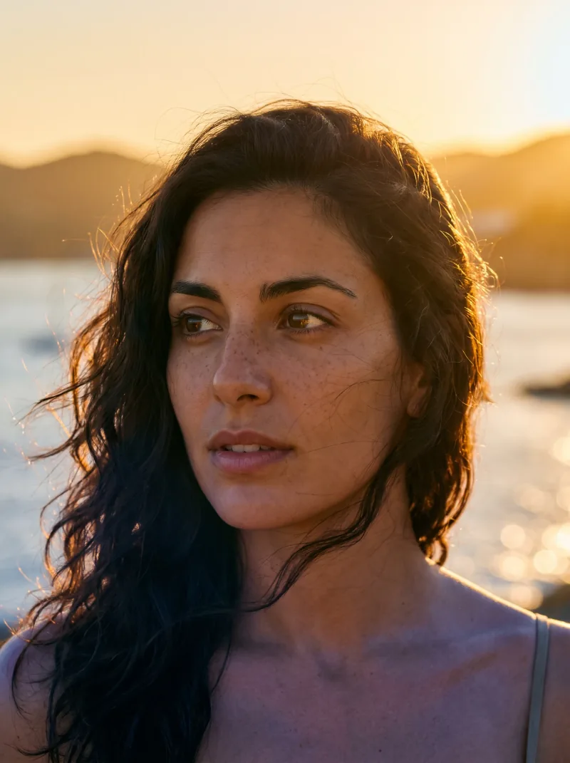 Close-up portrait of a dark-haired woman with freckles and warm sunset rim lighting. — Nano Banana Pro