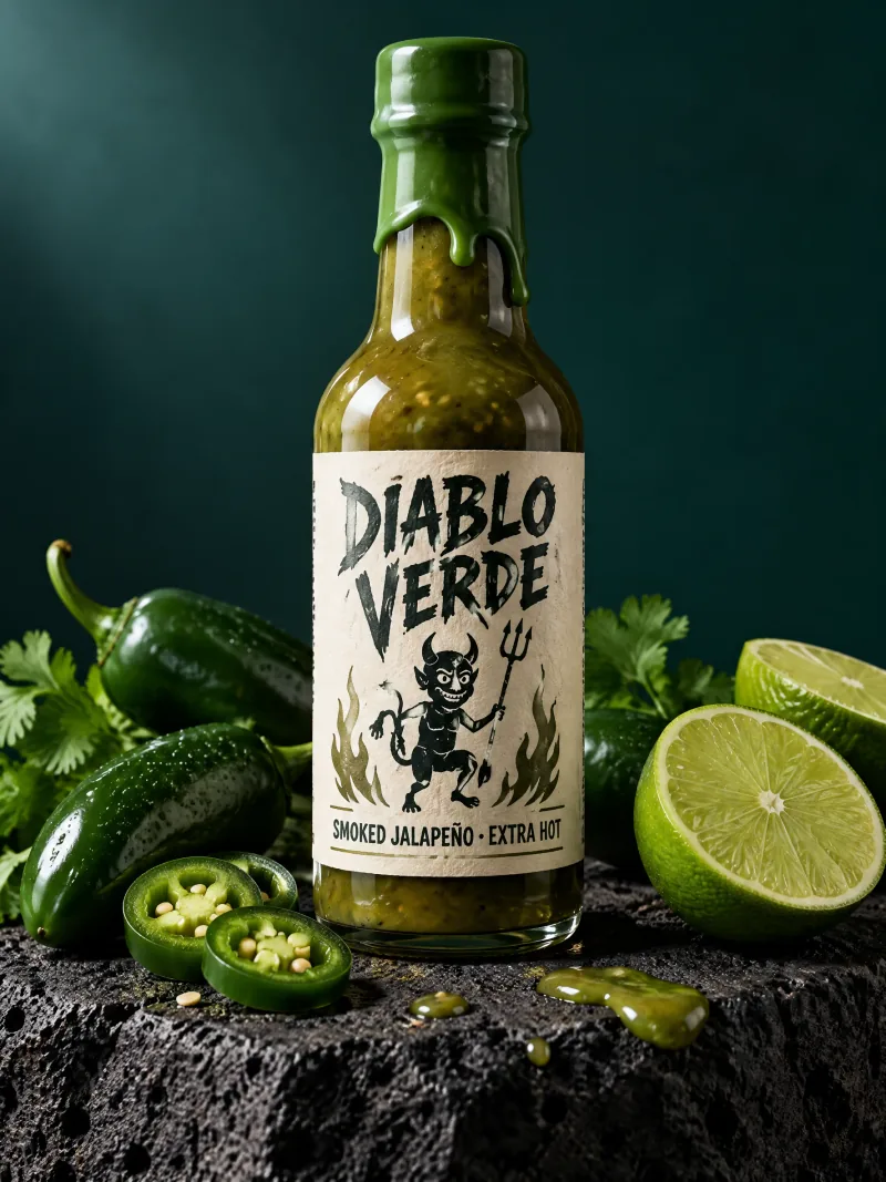DIABLO VERDE hot sauce bottle with green chilies and lime on volcanic stone. — GPT Image 2.5 Sunburst