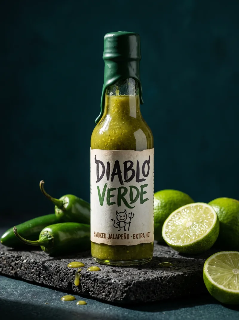 DIABLO VERDE hot sauce bottle with green chilies and lime on volcanic stone. — Nano Banana 2.1