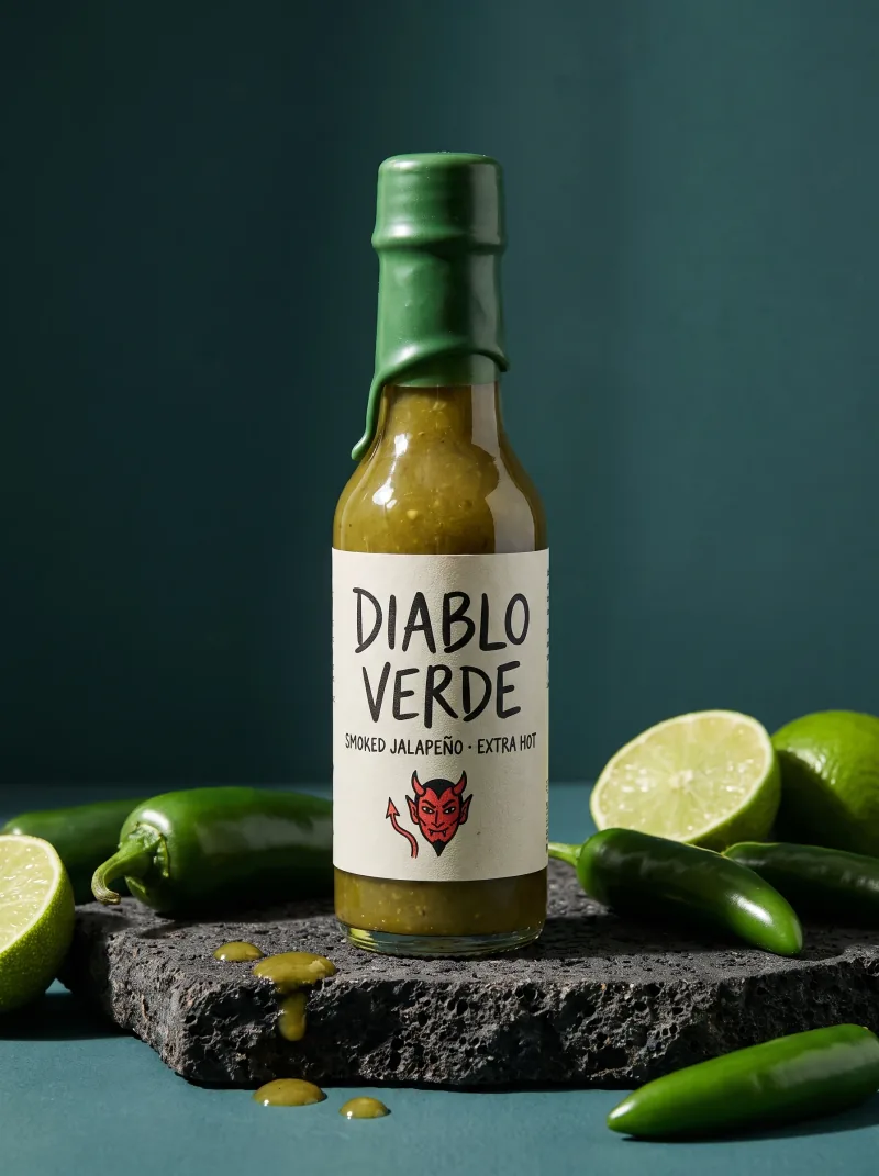 DIABLO VERDE hot sauce bottle with green chilies and lime on volcanic stone. — Nano Banana Pro