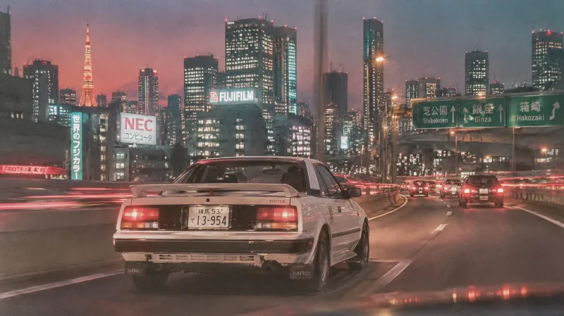 White Japanese sports coupe on an elevated Tokyo expressway at night. — GPT Image 2.5 Sunburst