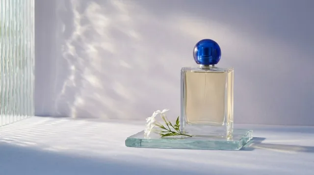 Refined perfume photograph with rippled window light, warm glass highlights and cool blue shadows.
