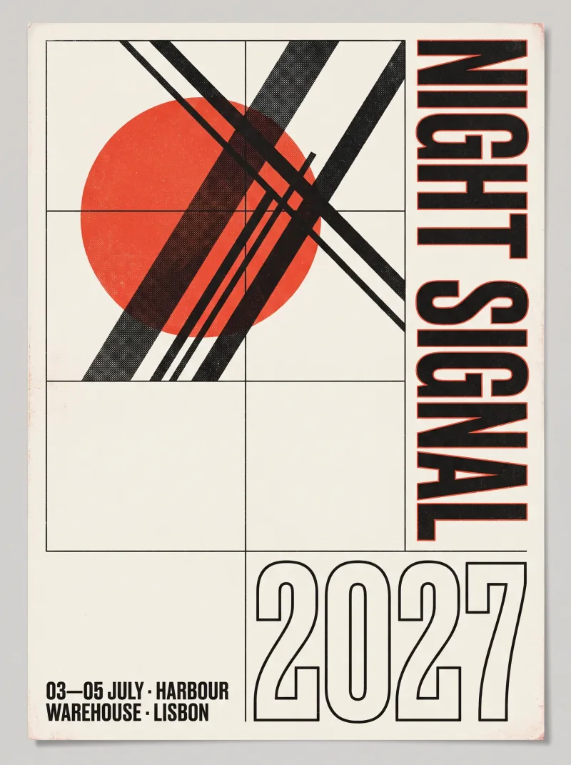 Red and black NIGHT SIGNAL concert poster with event dates on off-white paper. — Nano Banana Pro